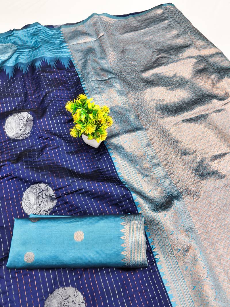 Rama blue art silk blend jacquard motif work saree with unstitched blouse piece