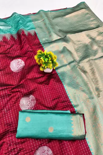 Rama red art silk blend jacquard motif work saree with unstitched blouse piece