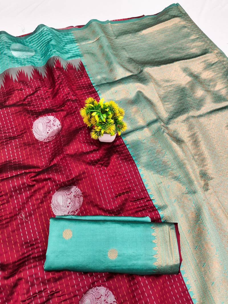 Rama red art silk blend jacquard motif work saree with unstitched blouse piece