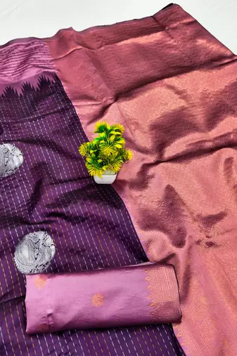 Purple wine art silk blend jacquard motif work saree with unstitched blouse piece