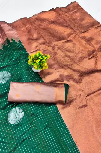 Rust green art silk blend jacquard motif work saree with unstitched blouse piece
