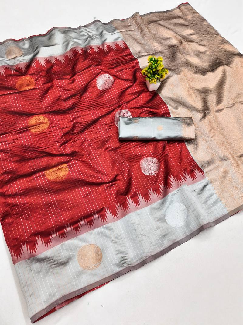 Grey red art silk blend jacquard motif work saree with unstitched blouse piece