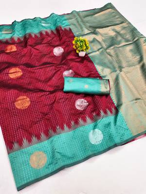 Rama red art silk blend jacquard motif work saree with unstitched blouse piece 7