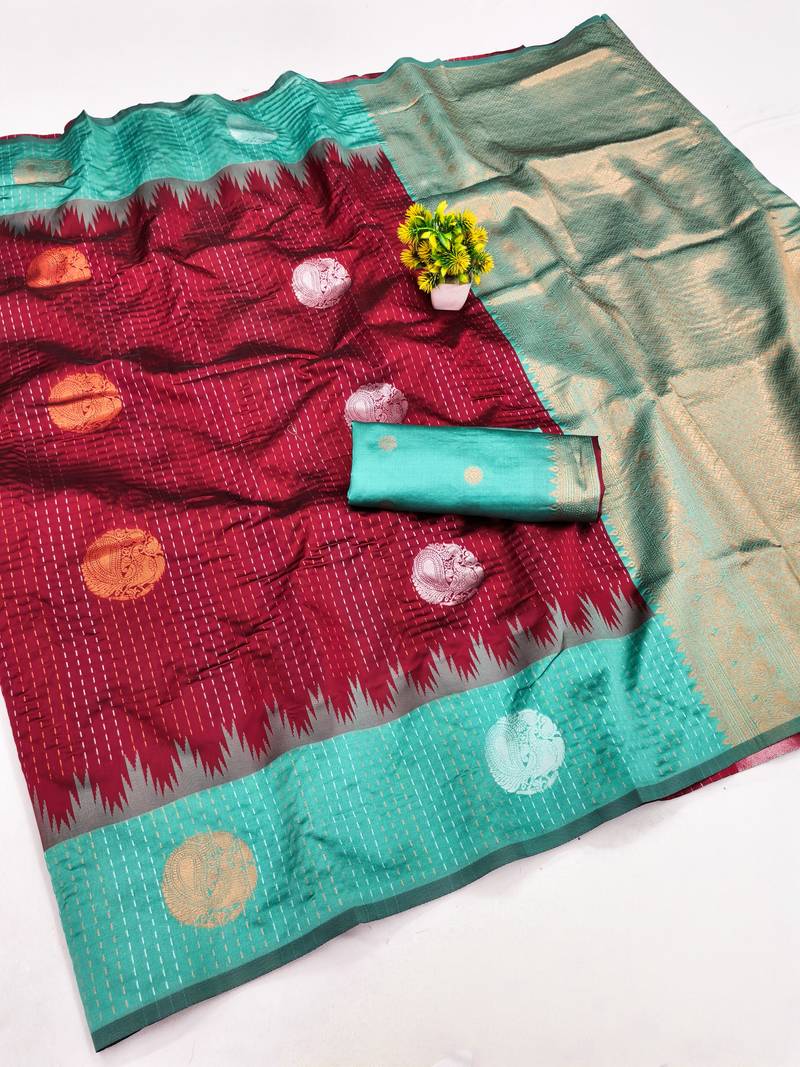 Rama red art silk blend jacquard motif work saree with unstitched blouse piece