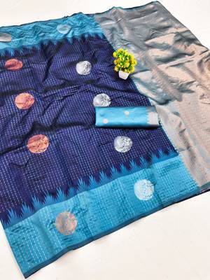 Rama blue art silk blend jacquard motif work saree with unstitched blouse piece 7