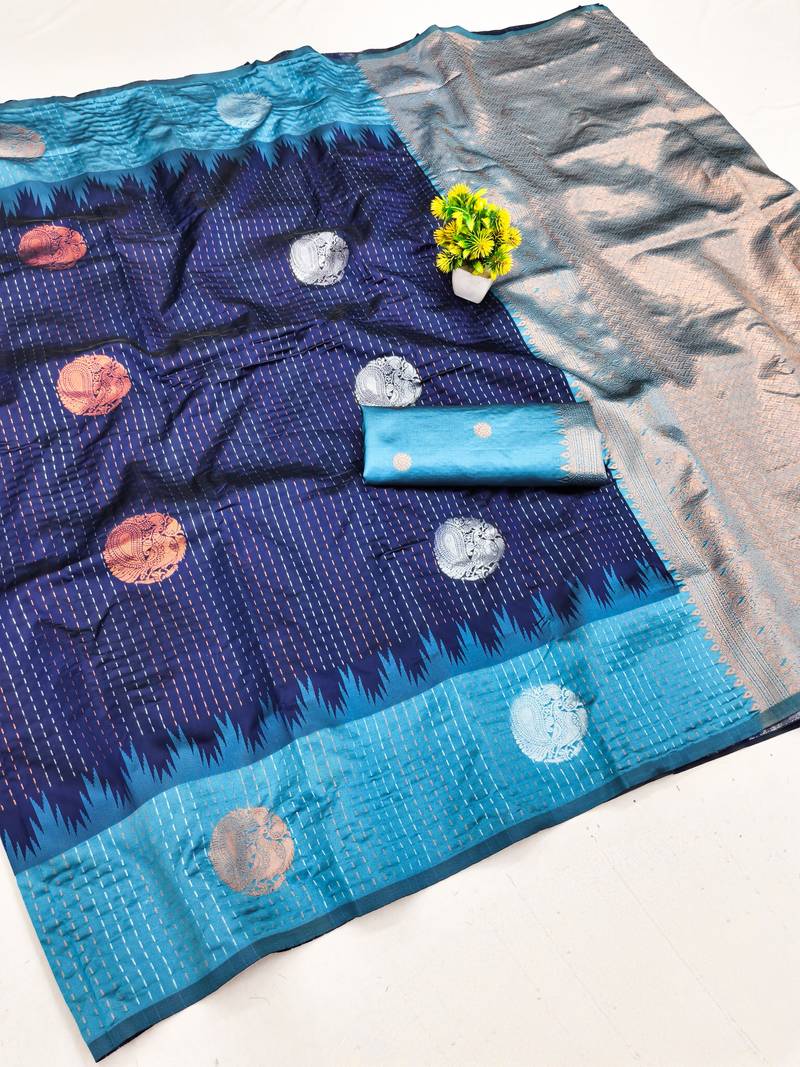 Rama blue art silk blend jacquard motif work saree with unstitched blouse piece