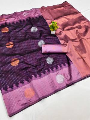 Purple wine art silk blend jacquard motif work saree with unstitched blouse piece 7