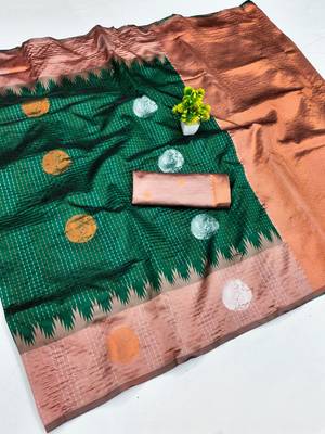 Rust green art silk blend jacquard motif work saree with unstitched blouse piece 7