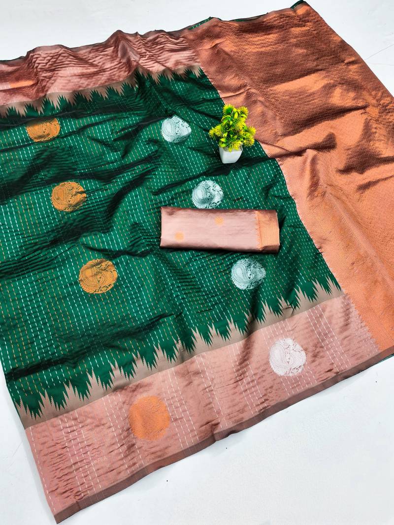 Rust green art silk blend jacquard motif work saree with unstitched blouse piece