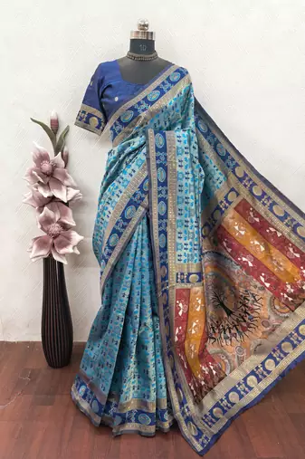 Turquoise art silk blend jacquard motif work saree with unstitched blouse piece