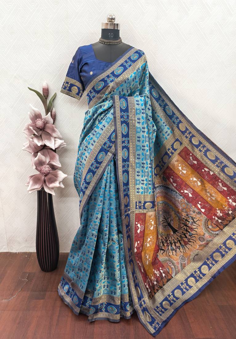 Turquoise art silk blend jacquard motif work saree with unstitched blouse piece