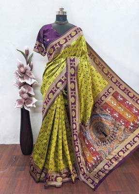 Neon wine art silk blend jacquard motif work saree with unstitched blouse piece 6