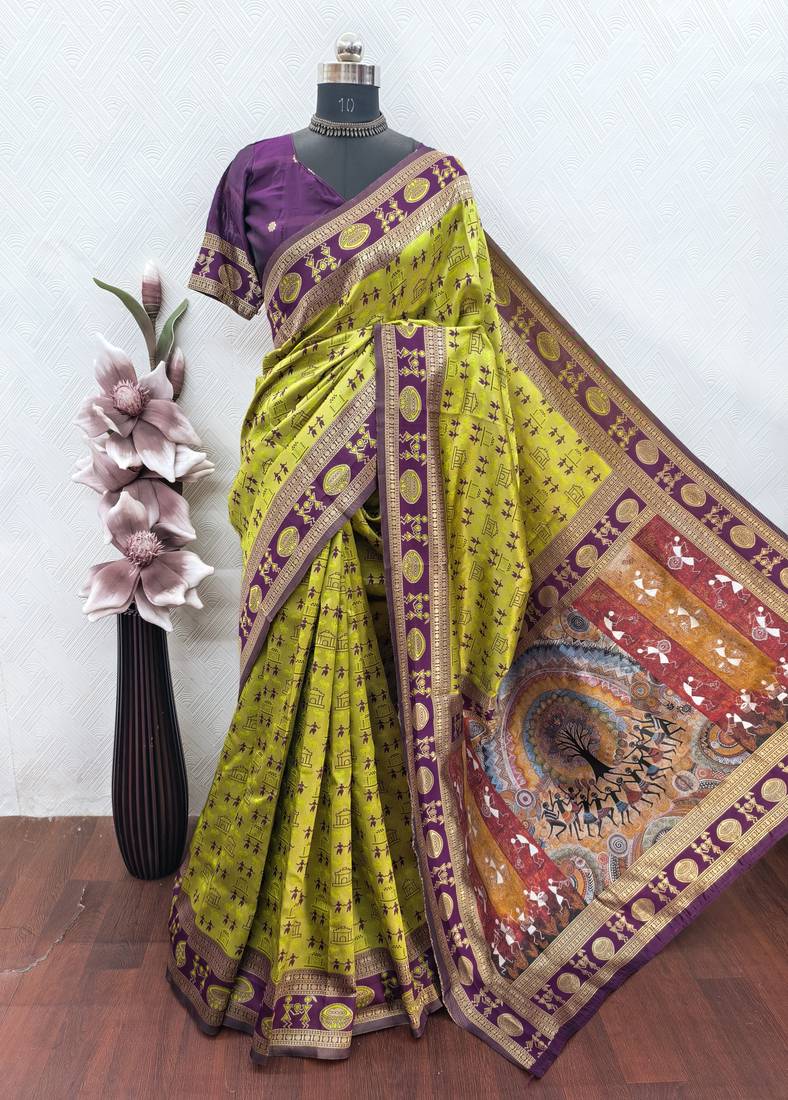 Neon wine art silk blend jacquard motif work saree with unstitched blouse piece