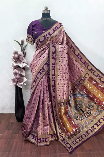 Light pink art silk blend jacquard motif work saree with unstitched blouse piece