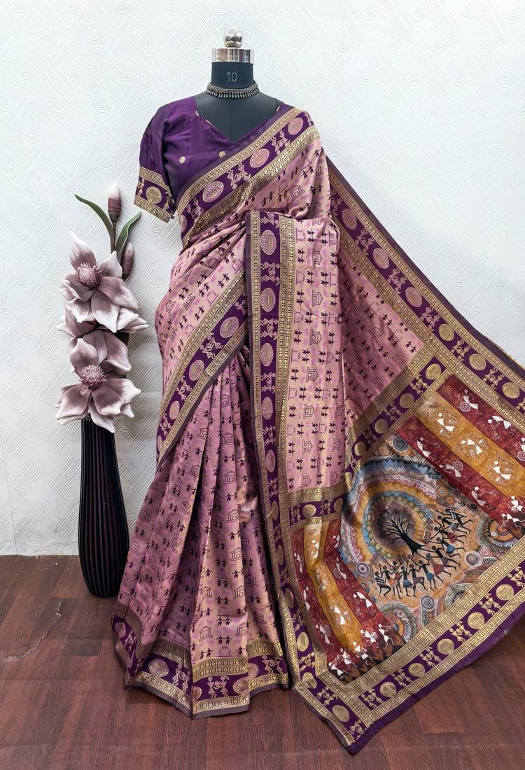 Light pink art silk blend jacquard motif work saree with unstitched blouse piece