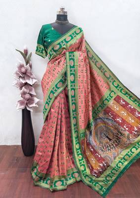 Peach green art silk blend jacquard motif work saree with unstitched blouse piece 6