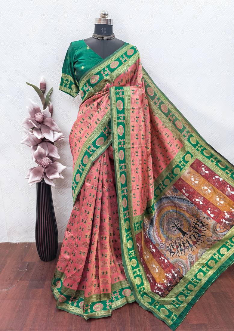 Peach green art silk blend jacquard motif work saree with unstitched blouse piece