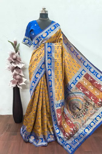 Mustard blue art silk blend jacquard motif work saree with unstitched blouse piece