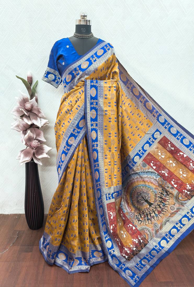 Mustard blue art silk blend jacquard motif work saree with unstitched blouse piece