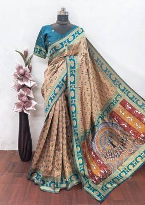 Beige art silk blend jacquard motif work saree with unstitched blouse piece 6
