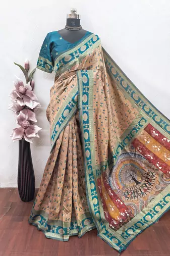 Beige art silk blend jacquard motif work saree with unstitched blouse piece