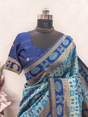 Turquoise art silk blend jacquard motif work saree with unstitched blouse piece 7