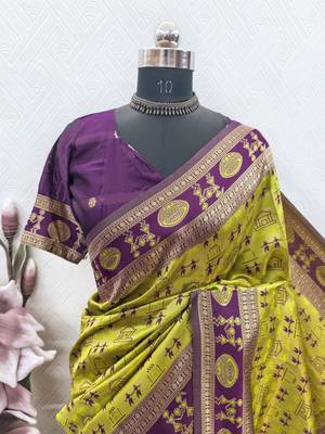 Neon wine art silk blend jacquard motif work saree with unstitched blouse piece 7