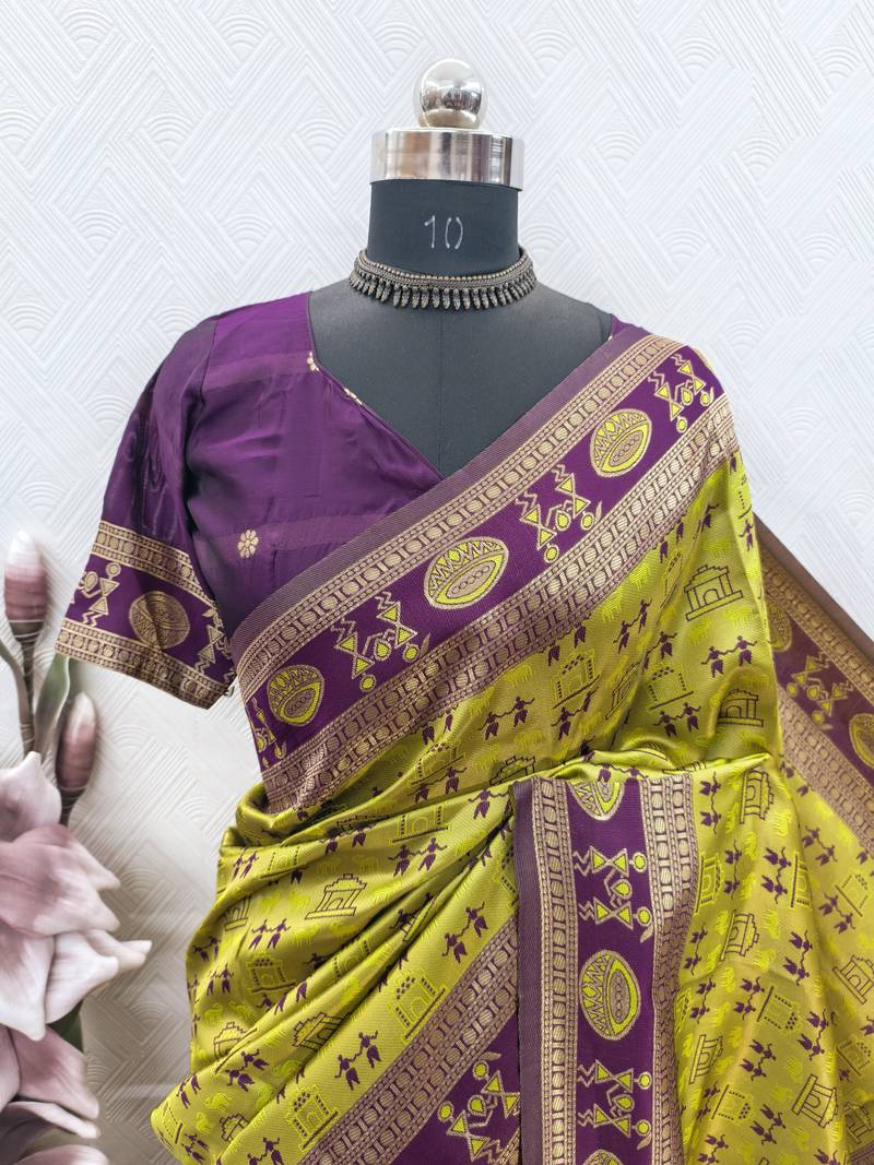 Neon wine art silk blend jacquard motif work saree with unstitched blouse piece