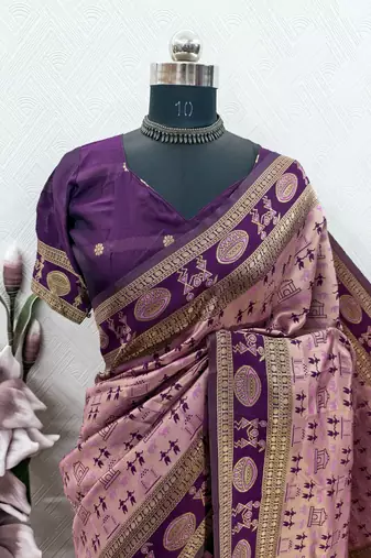 Light pink art silk blend jacquard motif work saree with unstitched blouse piece