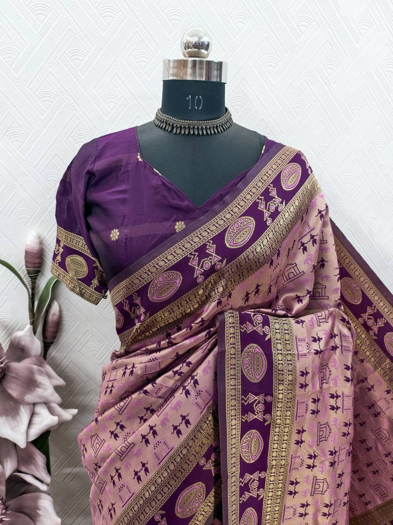 Light pink art silk blend jacquard motif work saree with unstitched blouse piece