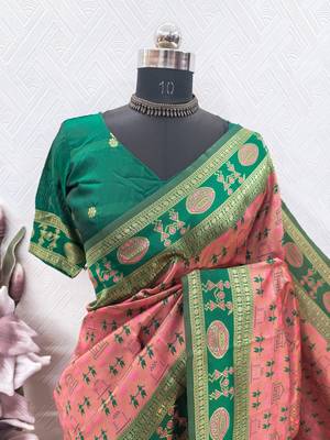 Peach green art silk blend jacquard motif work saree with unstitched blouse piece 7