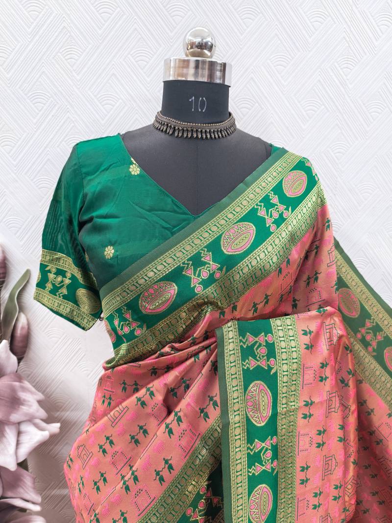 Peach green art silk blend jacquard motif work saree with unstitched blouse piece