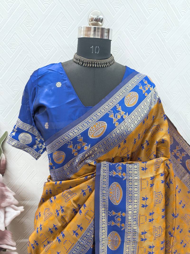 Mustard blue art silk blend jacquard motif work saree with unstitched blouse piece