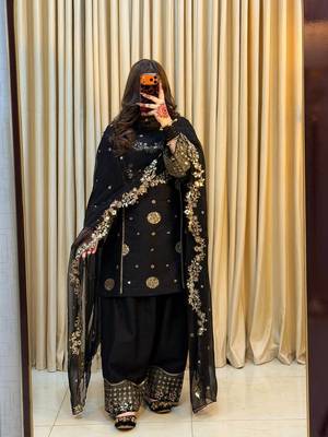 Black Color Embroidery And Sequence Work Fuax Georgrttr Salwar Suit 1