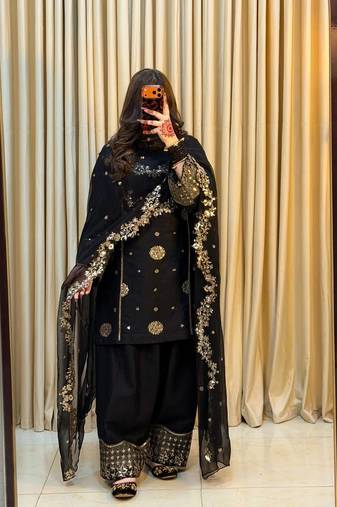 Black Color Embroidery And Sequence Work Fuax Georgrttr Salwar Suit