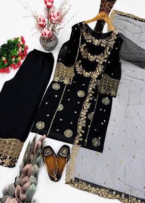 Black Color Embroidery And Sequence Work Fuax Georgrttr Salwar Suit 5