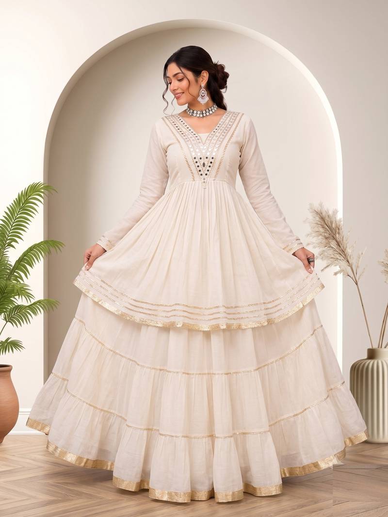 White mirror-work lace Cotton Navratri Lehenga Choli 