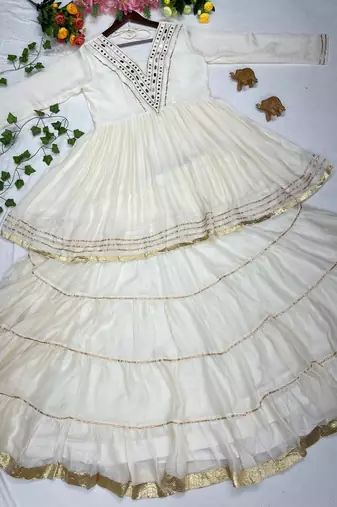 White mirror-work lace Cotton Navratri Lehenga Choli 