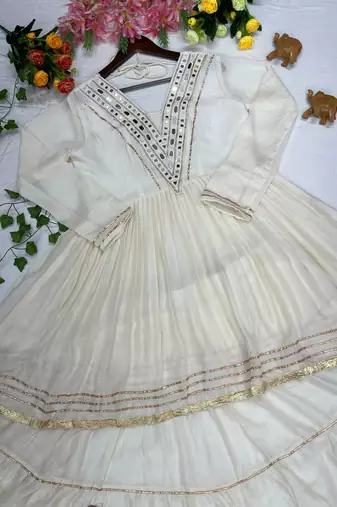 White mirror-work lace Cotton Navratri Lehenga Choli 