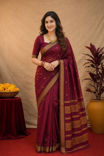 Maroon art silk blend banarasi jacquard motif work saree with unstitched blouse piece