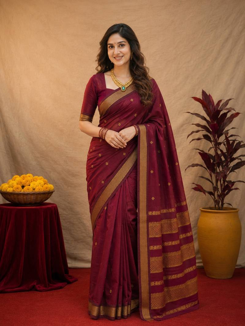 Maroon art silk blend banarasi jacquard motif work saree with unstitched blouse piece