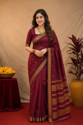 Maroon art silk blend banarasi jacquard motif work saree with unstitched blouse piece