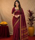 Maroon art silk blend banarasi jacquard motif work saree with unstitched blouse piece