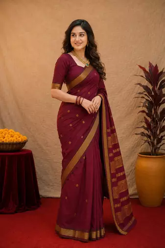 Maroon art silk blend banarasi jacquard motif work saree with unstitched blouse piece