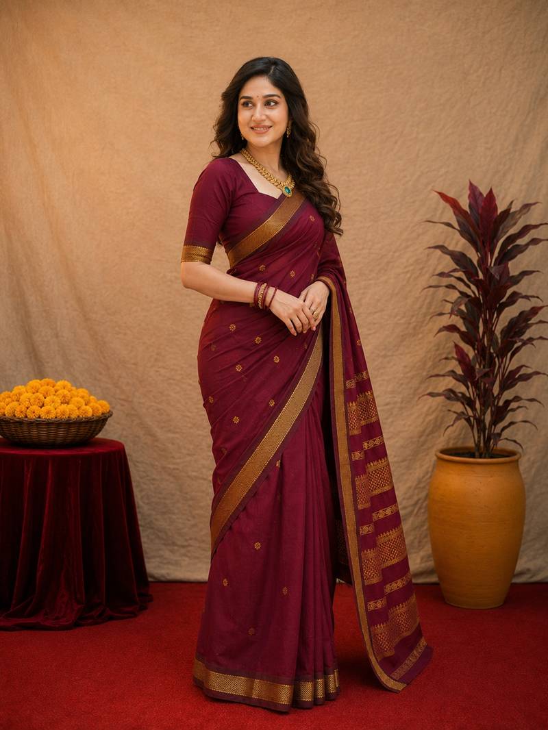 Maroon art silk blend banarasi jacquard motif work saree with unstitched blouse piece