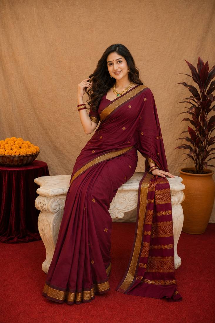 Maroon art silk blend banarasi jacquard motif work saree with unstitched blouse piece