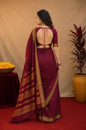 Maroon art silk blend banarasi jacquard motif work saree with unstitched blouse piece