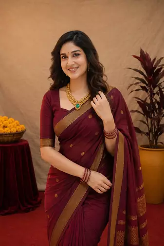 Maroon art silk blend banarasi jacquard motif work saree with unstitched blouse piece