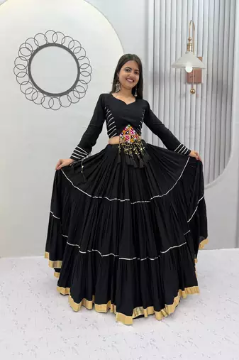 Black Color Gamthi Style Cotton Navratri Lahenga Choli Set