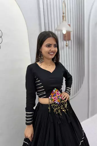 Black Color Gamthi Style Cotton Navratri Lahenga Choli Set